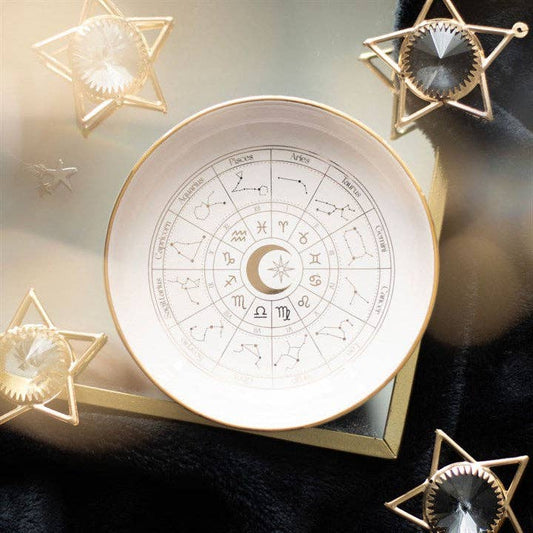 Astrologihjul Vit och guld Prydnadsfat